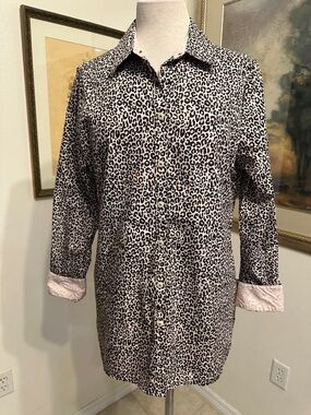 Foxcroft NYC No Iron Brown/Light Pink Leopard Print Button-Down Size XL